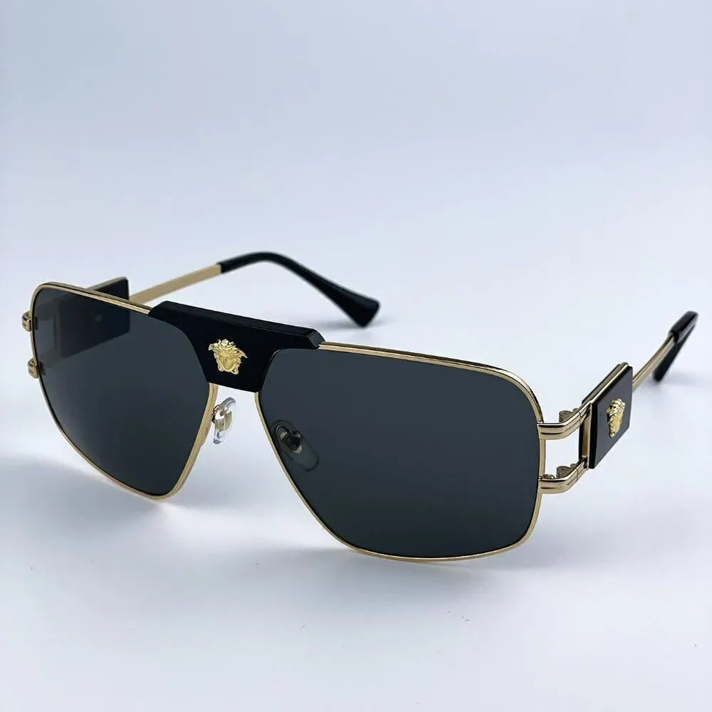 NEW Versace VE2251 100287 Gold Dark Grey Metal Pilot Men Sunglasses